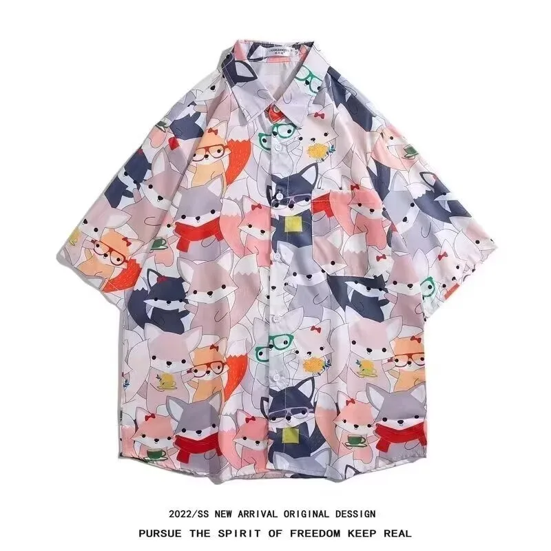 

Men's Oversized Cartoon Fox Print Short Sleeve Shirt Casual Streetwear Button Down Top For Men Summer Loose Fit