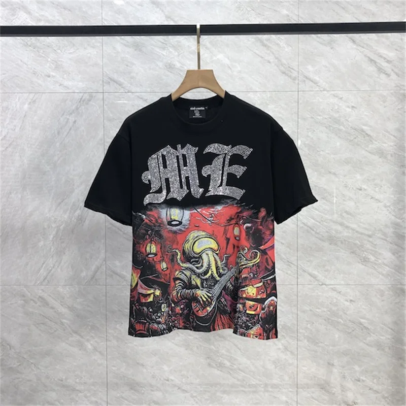

Octopus Guitarist Hot Diamond Letter Mixed Emotion Short Sleeved T Shirt for Men and Women Hip Hop High Quality ME T-shirt
