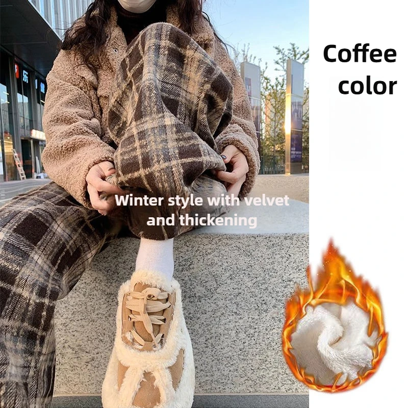 Celana Kaki Lebar Bulu Wanita Celana Panjang Lantai Lurus Kotak-kotak Tebal Musim Dingin Wanita Celana Panjang Tebal Kasual Wol Hangat Mode