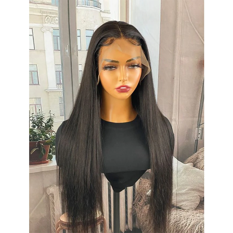 

Soft 28 inch 200% Density Long Natural Black Kinky Straight Lace Front Wig For Women With Baby Hair Preplucked Glueless