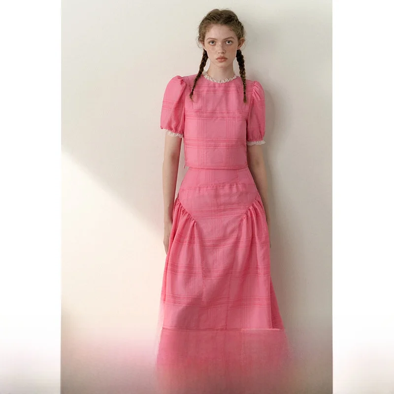 

Комплект из топа и юбки с рюшами и рюшами цвета Dragon Fruit, оригинальный дизайн от P STUDIO со плиссированной вставкой