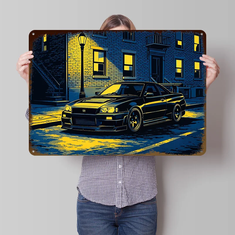 Sport-Skyline R34 GTR Auto bei Nacht Gedrucktes Poster Individualisierte Wandkunst Retro Vintage Metallschilder zur Heimdekoration Gaming