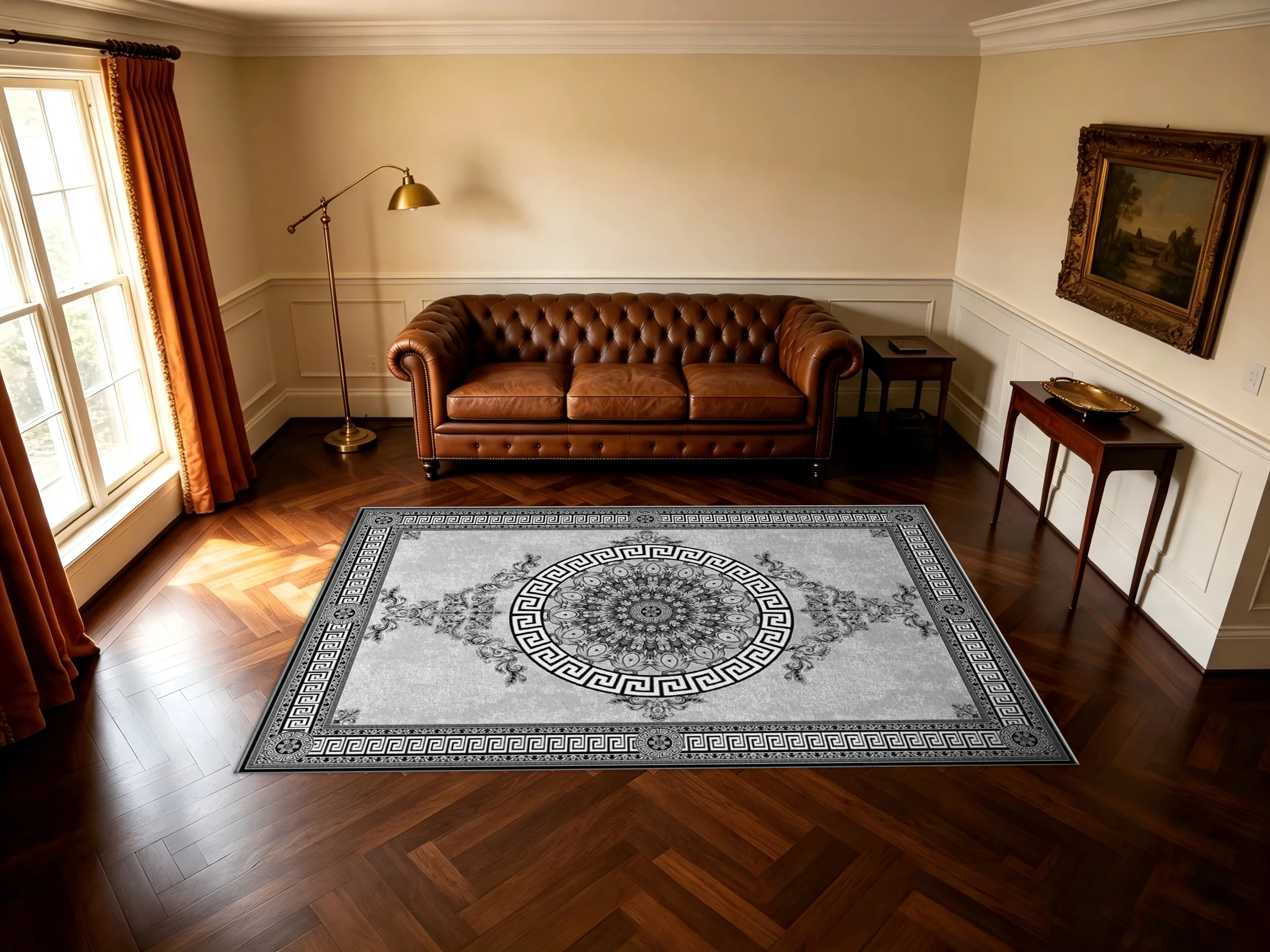 Silver Grey Luxury Mandala Greek Key Area Rug Classic European Living Room Floor Carpet
