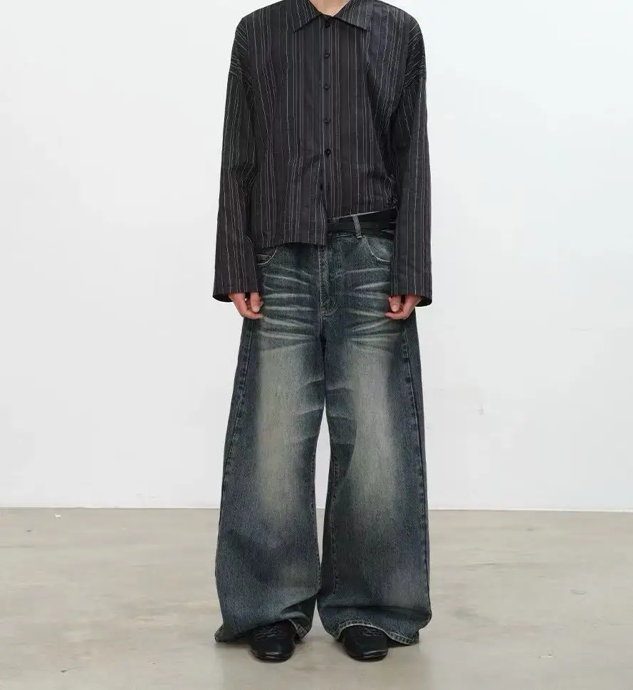 

Мужские джинсы в американском стиле, свободные мужские джинсовые брюки контрастного цвета с эффектом усов, широкие брюки, модные