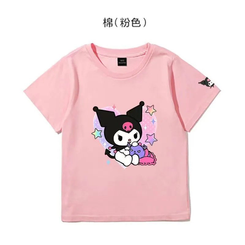 Kawaii Anime Kuromi Children Short Sleeve Cartoon Cotton T-Shirt New Cute Child Summer Crew Neck Tops Fashion Clothes Kids Gift