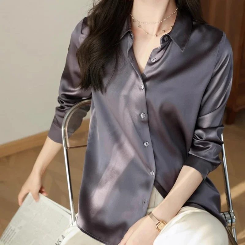 Women's  Fashion Satin Shirt Blouses Korean Style Womens Tops Luxury White Shirt Women OL Loose New Women Clothing