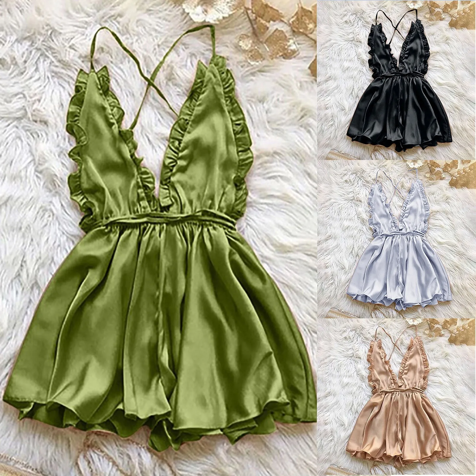 Women Sexy Nightwear Ruffles Nightgowns Cross Strap Back Open Nightdress Lingerie Nighties Faux Silk Deep V-Neck Dress Sleepwear