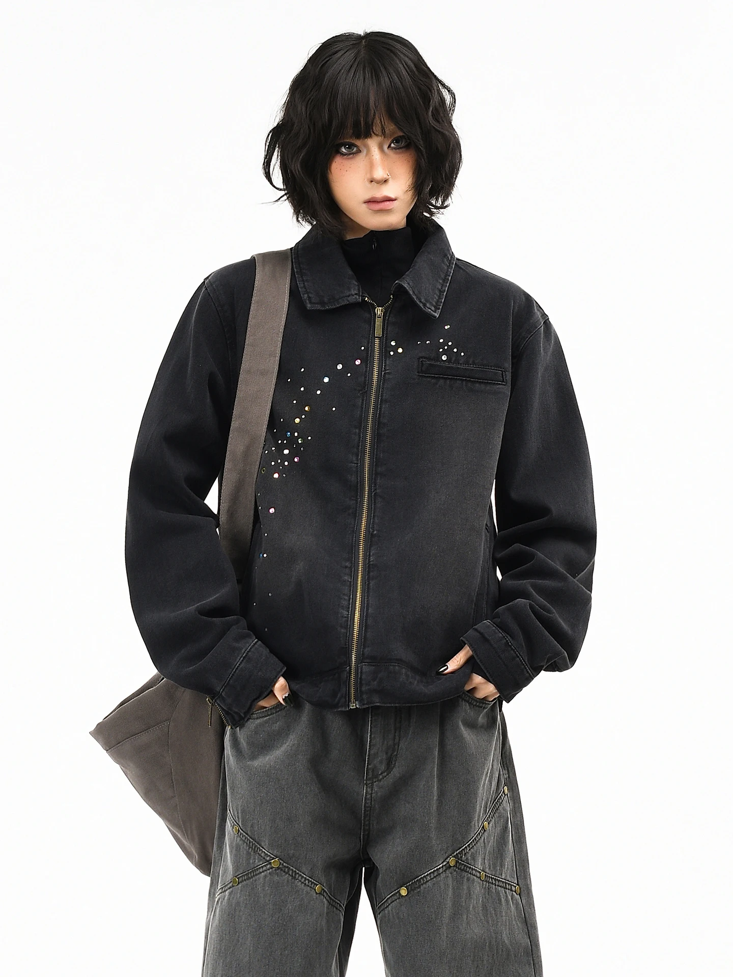 

Оригинальная американская джинсовая куртка OV с эффектом потертости, женская повседневная куртка с коротким воротником на молнии, 100% хлопок, весенний сезон