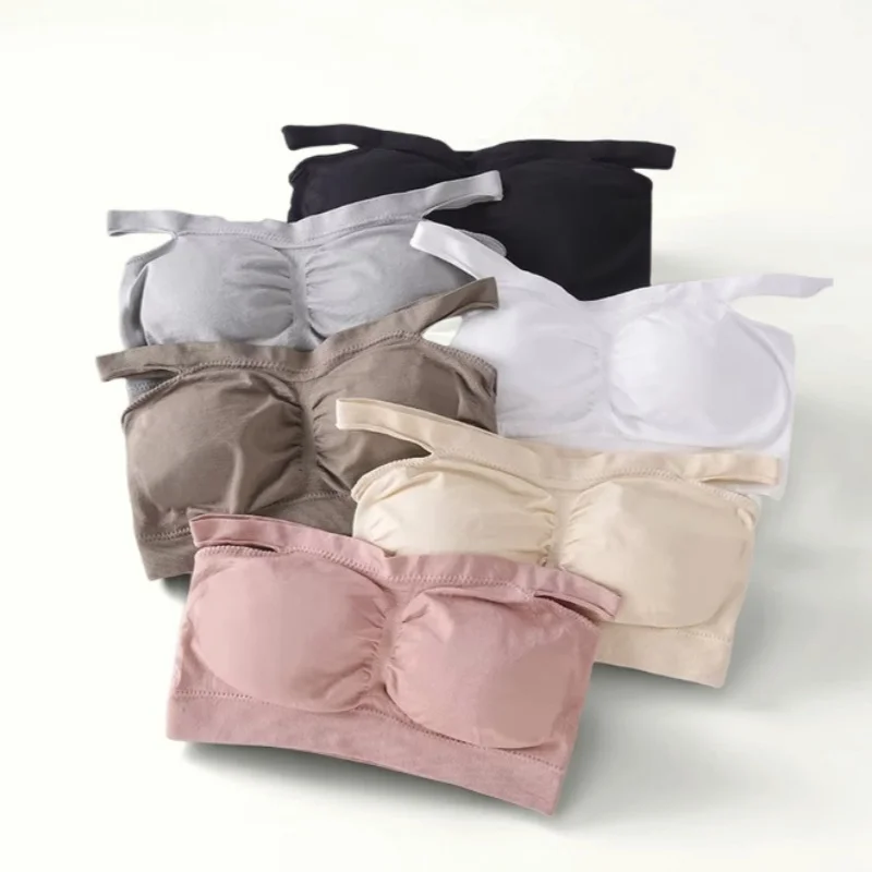Seamless Rib Tube Bra Women Wire Free Removable Pad Strapless Bandeau Multi Wear Tube Top Soft Stretch One Size Underwear
