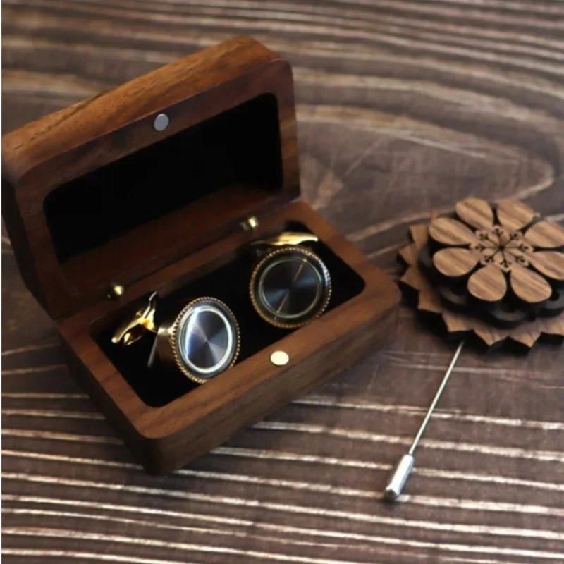 Black Walnut Cufflinks Gift Box, French Sleeve Nails, Jewelry Packaging, Magnetic Flip, Solid Wood Cuff Storage Box