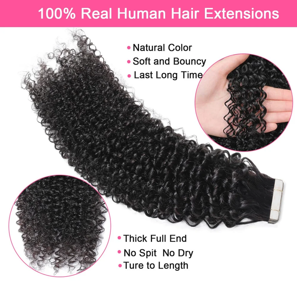 Tape In Hair Extensions Human Hair Natural Black Deep Wave 100% Human Hair Extensions For Woman Color #1B 16-26 Inches 20Pcs 50G