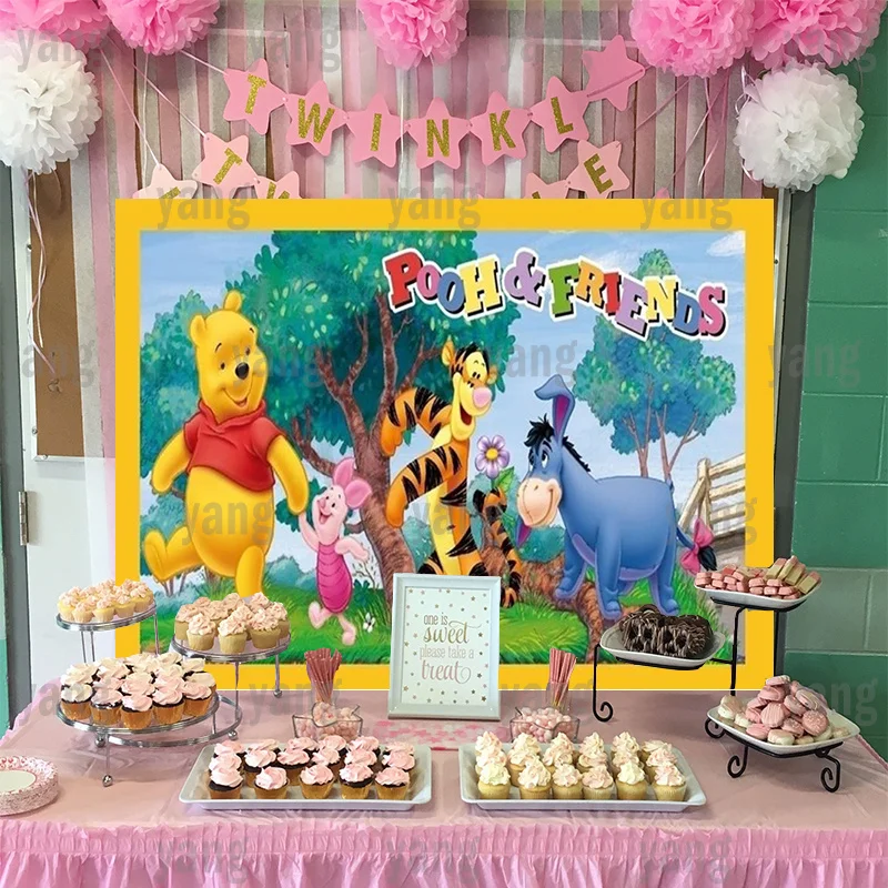 Piękny Disney niestandardowe Baby Shower dekoracje urodzinowe tło Party kubuś niedźwiedź Cartoon tło lasu tygrysek prosiaczek Banner