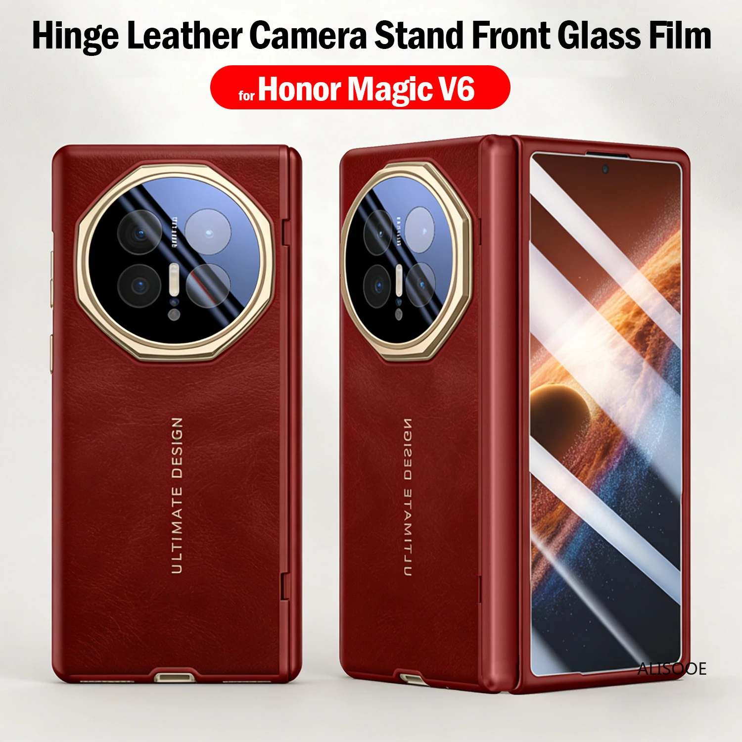 Metal Camera Ring Stand Cover for Honor Magic V6 5G Case Hinge Leather Shockproof Phone Funda Front Screen Glass Film Protector