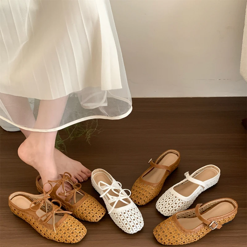 

Pop Summers Cover Toe Weave Women Slippers Elegant Comfortable Slip On Slingback Mules Slides Shoes