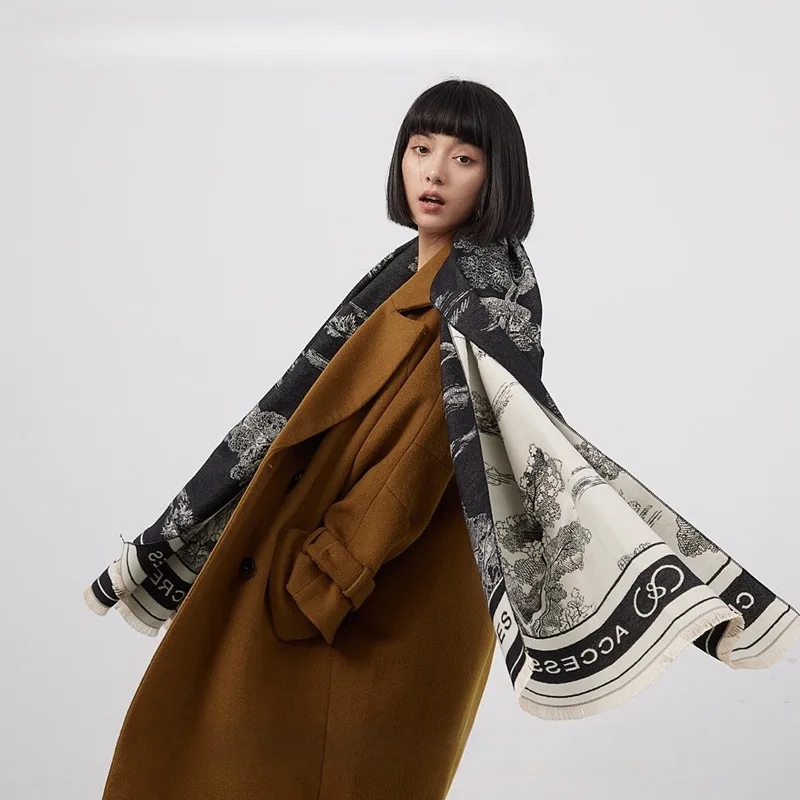 

Новый жаккардовый пейзажный живопись, имитация кашемира, шарф, женская шаль, утолщенный теплый длинный шарф