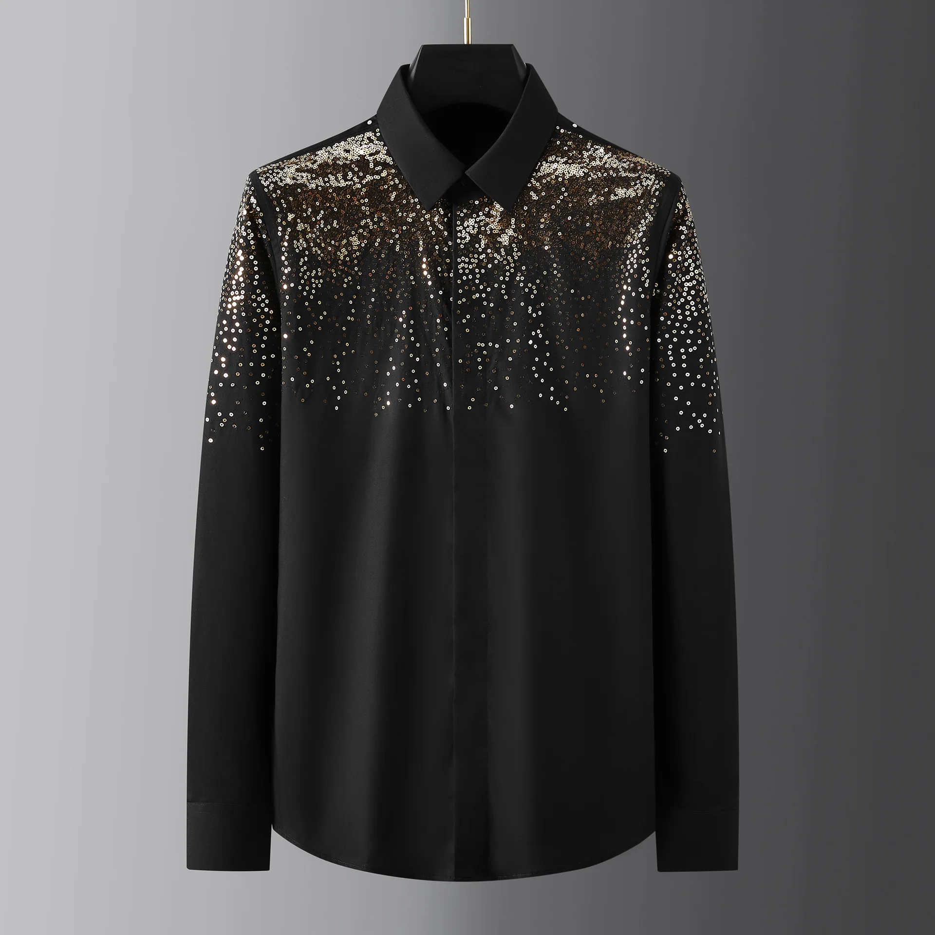 High End Heavy-duty Gold Sequin Embroidered Shirt for Men's Long Sleeved Casual Shirt Social Banquet Party Shirts Costume