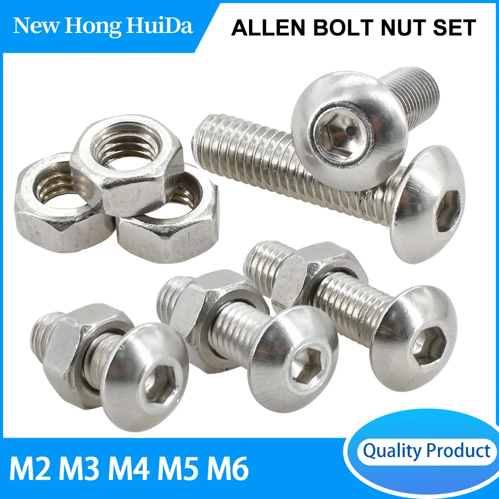 M2 M3 M4 M5 M6 Hex Socket Allen Screw Nut Set 304 Stainles Steel ISO7380 Hexagonal Metric Thread Machine Bolts Screws Nuts Kits