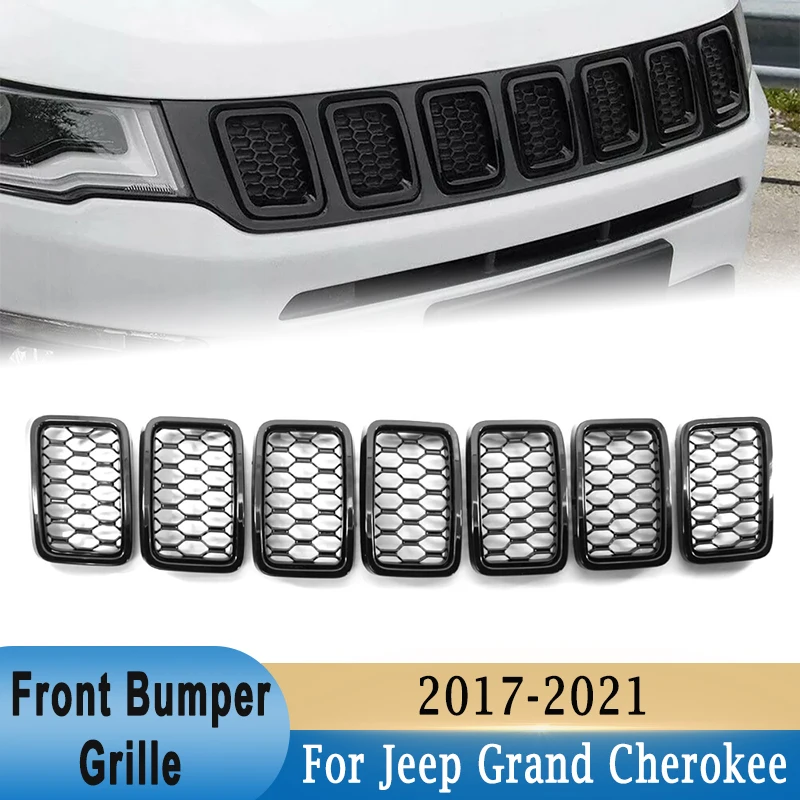 

7Pcs Front Bumper Grille Trim Central Insert Honeycomb Mesh Racing Grille Cover for Jeep Grand Cherokee 2017-2021 68317863AA
