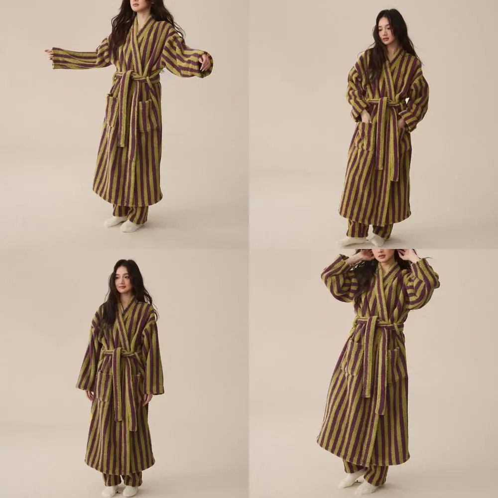

Fluffy Striped Kimono Robe for Women - Oversized Plush Fleece Bathrobe with V-Neck