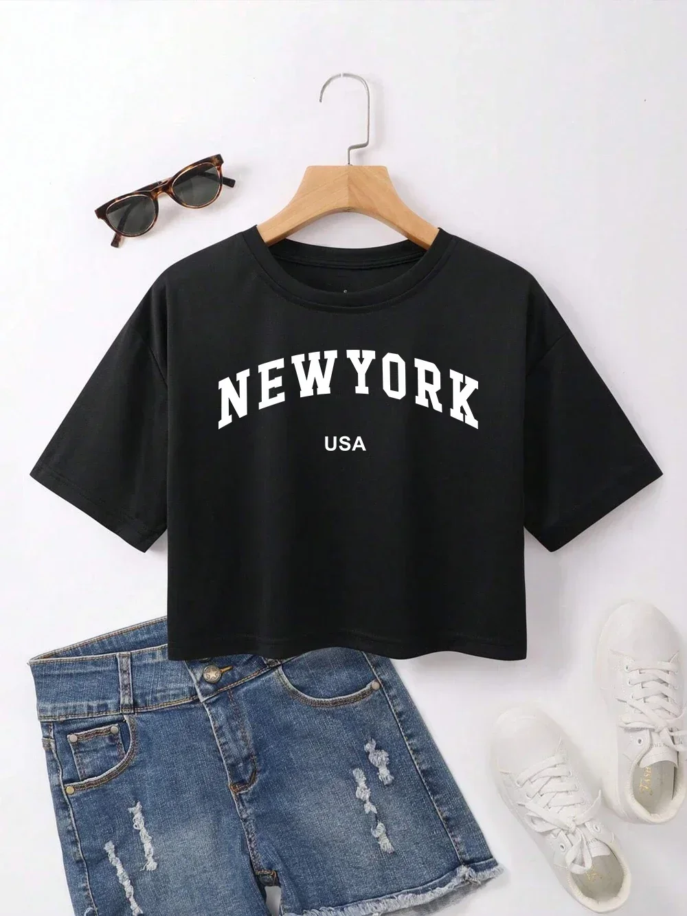 New York USA Letter Printed Tee Shirts Cotton Women Crop T-shirts Casual Loose O-Neck Short Sleeves Clothes Fashion Female Tops