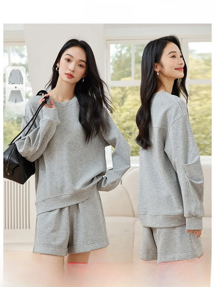 

Casual Floral Grey Sweatshirt Set Women's Spring New round Neck Loose Shorts Two-Piece Set Fashion Commute Comfortable Clothing