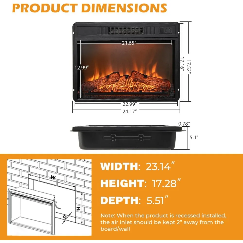 23 Recessed Electric Fireplace Heater with 3 LED Flames, Remote & 6H Timer, Indoor Use