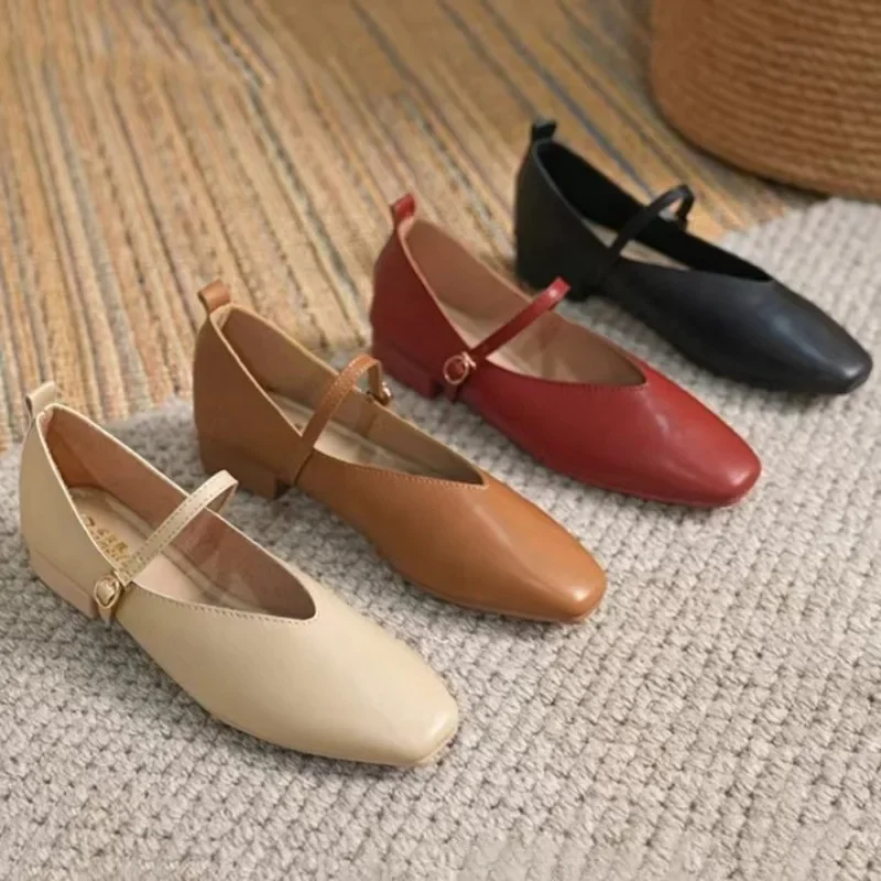 Mulher verão casual dedo do pé quadrado baixo sapatos sola macia lolita bailarina cor sólida apartamentos feminino elegante francês retro mary janes