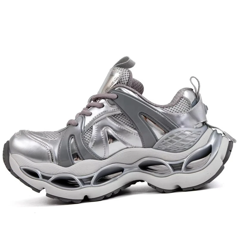 Men's Genuine Leather Thick Soled Casual Sports Shoes European Version Tide Heightening Shoes Laser Silver Retro Daddy Shoes for