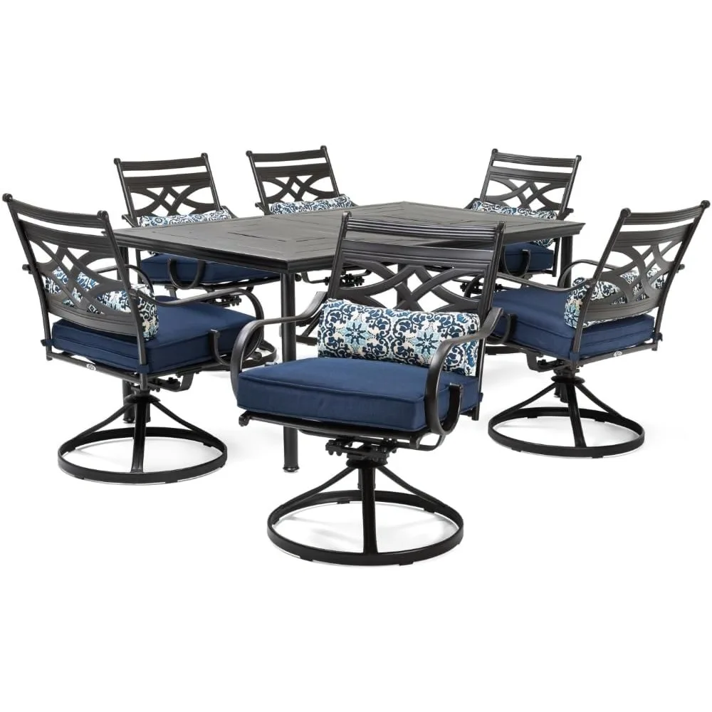 

Montclair 7-Piece Outdoor Dining Set with 6 Swivel Rockers, Navy Blue Cushions and Stamped Steel Rectangular Dining Tabl