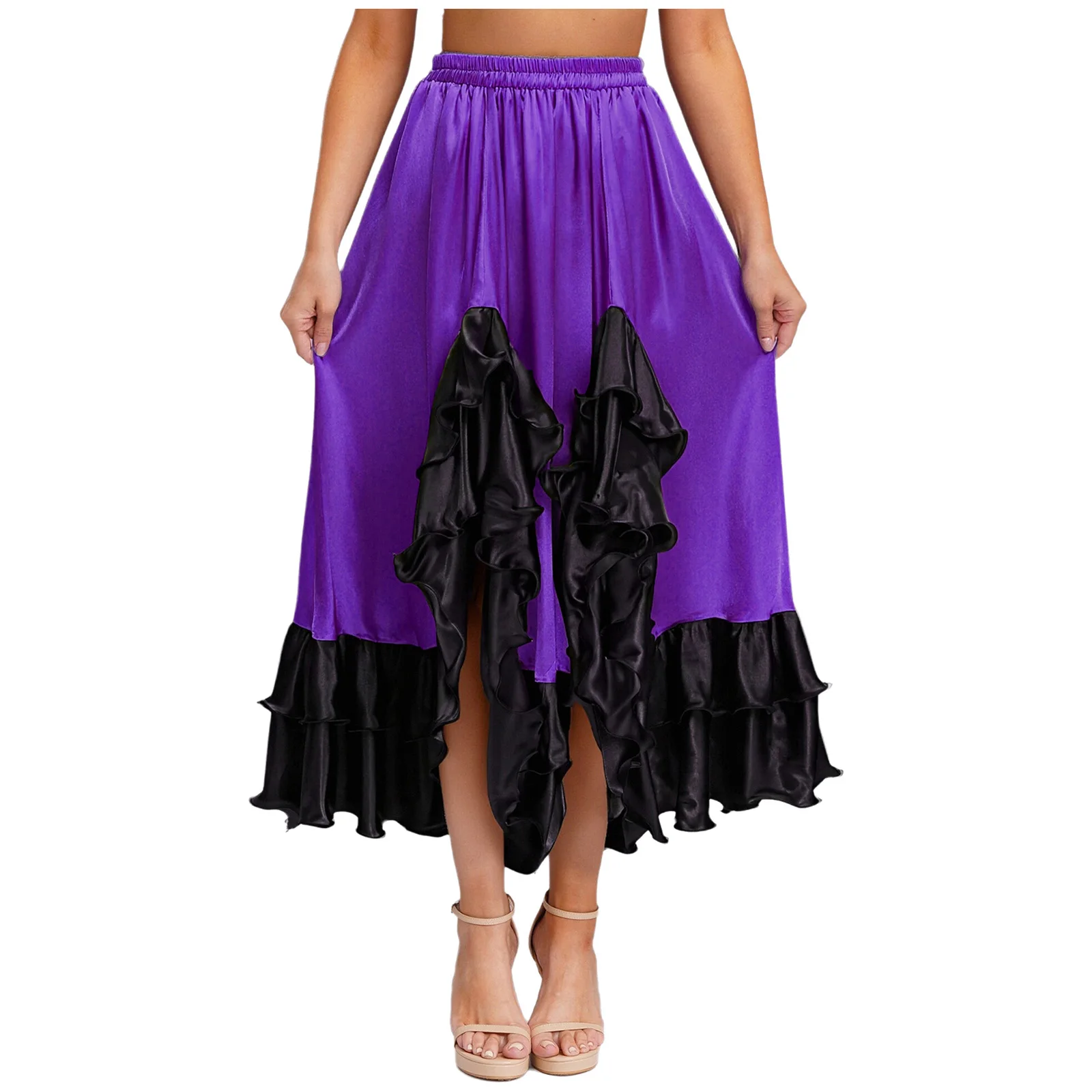 Traditioneller spanischer Tanzrock für Damen, Flamenco-Ballsaal-Tanz, Satin, großer Swing-Rock für Festival, Karneval, Auftritte, Tanzbekleidung
