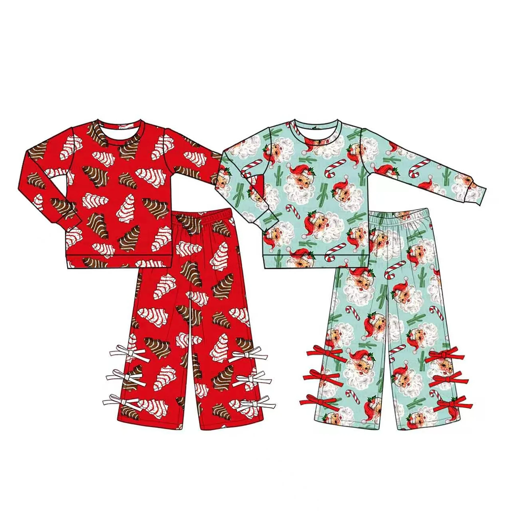 New Girls Christmas Outfits Xmas Tree Cake Vintage Santa Candy Cane Cactus Long Sleeve Top Leg Pants Set