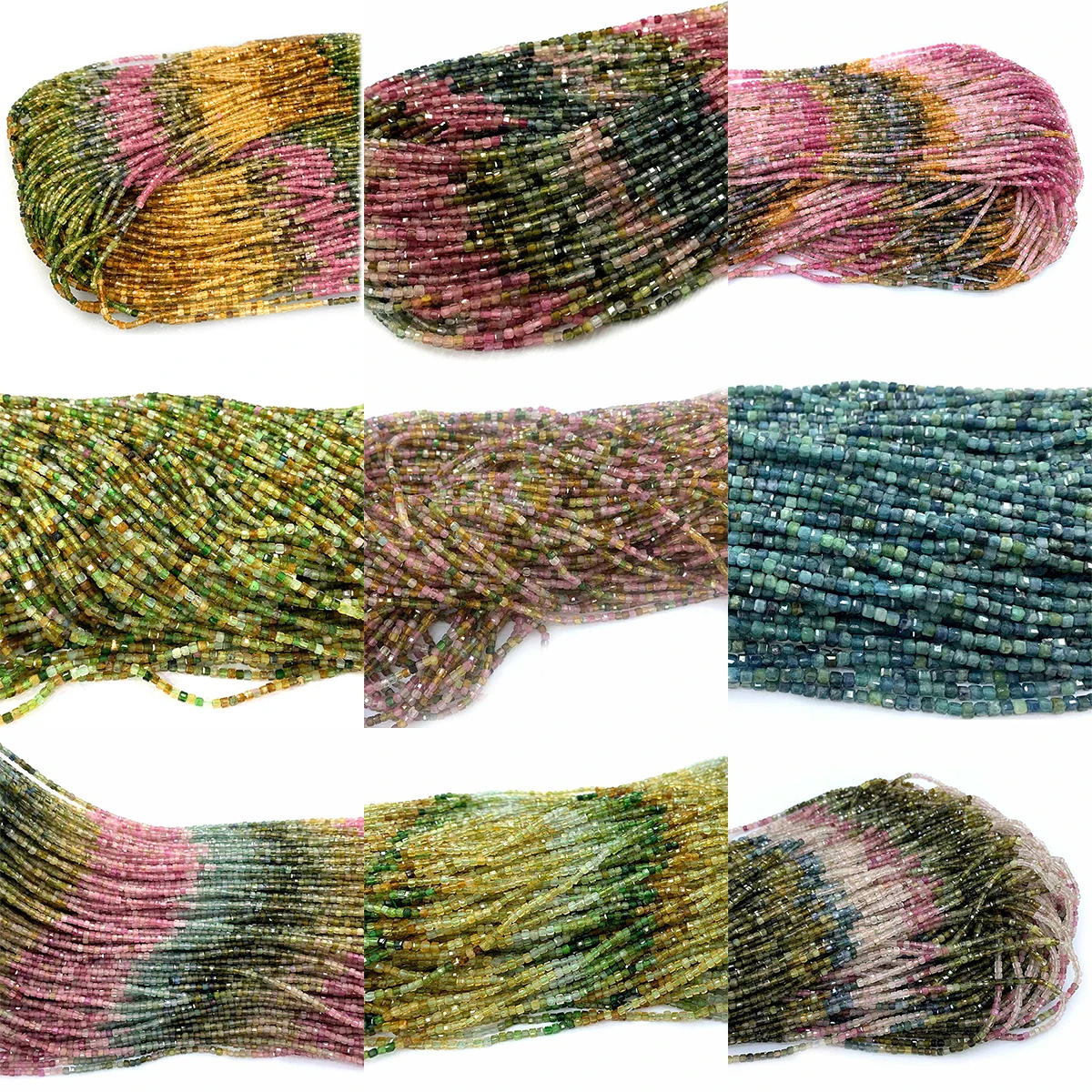 Veemake Natural Multicolour Tourmaline Edge Cube Small Design Loose Beads For Jewelry Making Yellow Green Pink Blue 08538