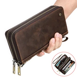 Orange Leaf Genuine Leather Men's Wallet Clutch Bag Card Holder Long Wallets Double Zipper Large Capacity Vintage Male Purses