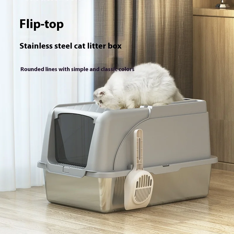 

Enclosed Cat Toilet Stainless Steel Large Litter Box Flip Top Anti Splash