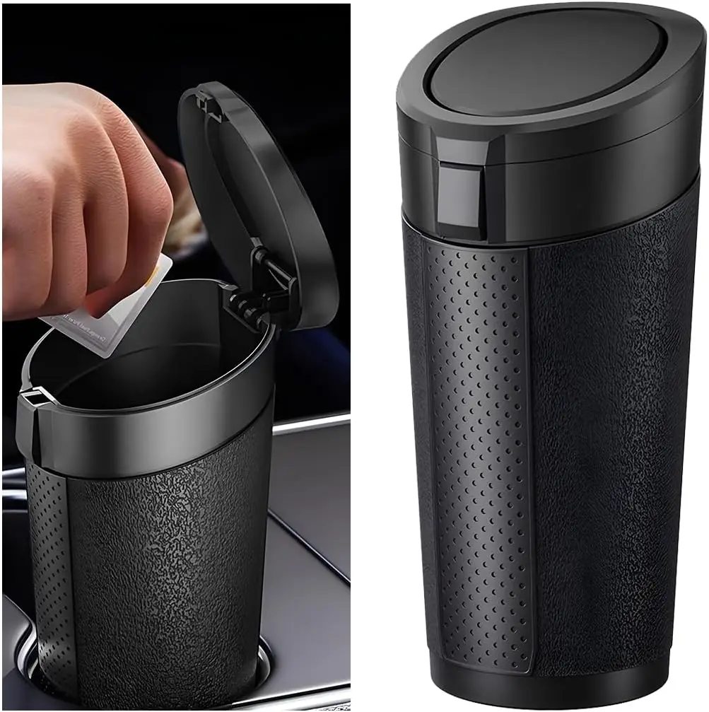 Mini Car Garbage Can with Lid Leak Proof Vehicle Trash Bin for Cup Holder and Side Door Includes 2/3 Garbage Bags