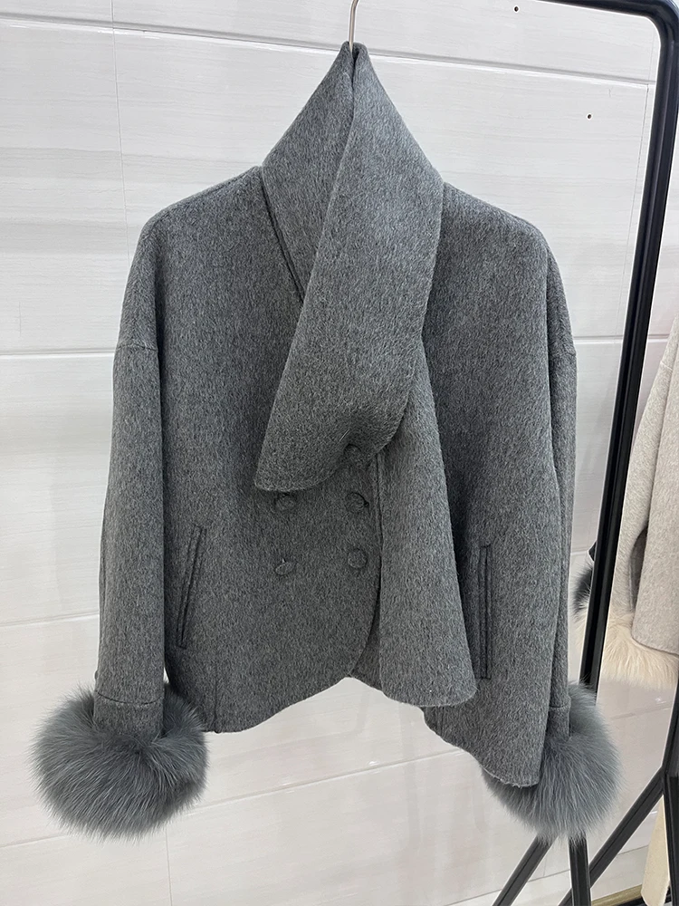 Winter Natural Fox Fur Cuff Coat Cashmere Wool Jacket Woolen Scarf Ladies Outwear Female Coat Women Luxury Jacket