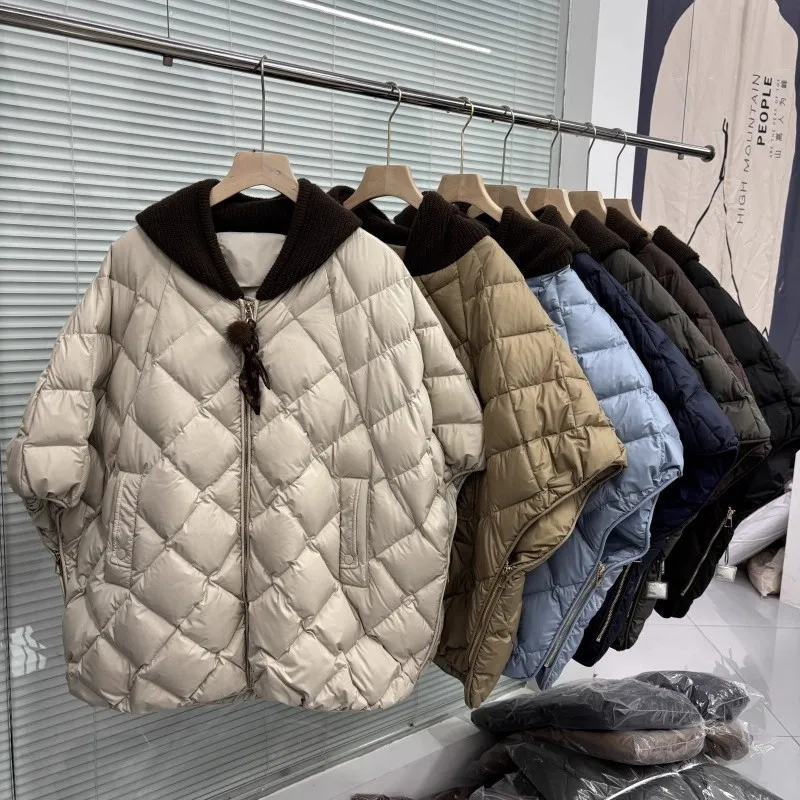 المرأة الأبيض بطة أسفل الدافئة سستة سترات الخريف الشتاء متماسكة مقنعين الربط أسفل سترة الإناث أكمام مبطن Argyle صدرية