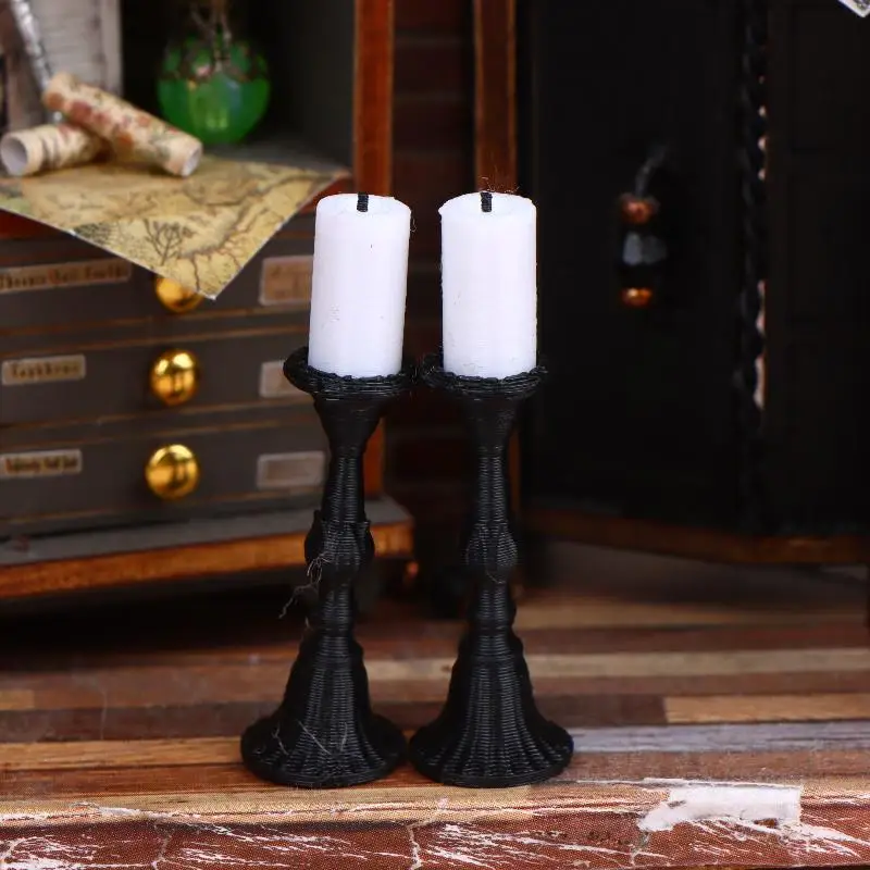 Miniature Candle Holder 2Pcs Set with 2 Candles for Dollhouse Metal Candlestick Model Ideal for Mini Table Scene Play