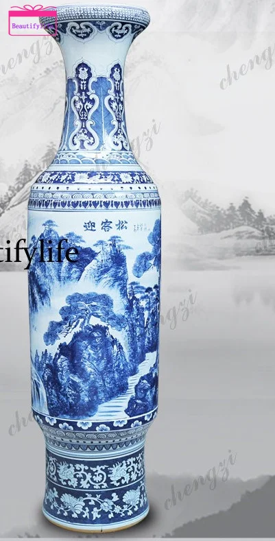 a55 Jingdezhen ceramic floor-to-ceiling vase antique hand-painted welcome pine blue and white porcelain, living room ornament