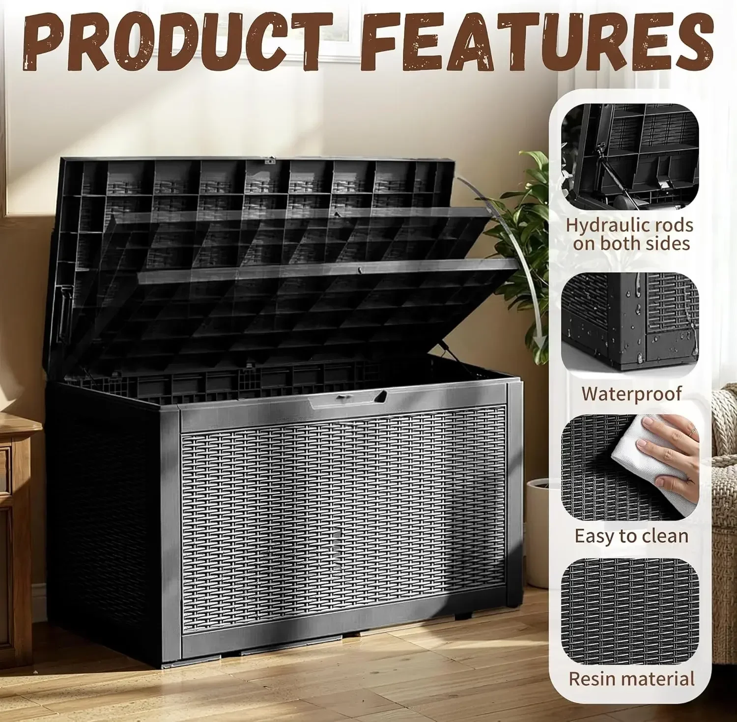 Outdoor Storage Box 100 Gallon Deck Box Resin Outdoor Toy Storage With Lockable Lid, Hydraulic Struts, Rattan Style Package Deli
