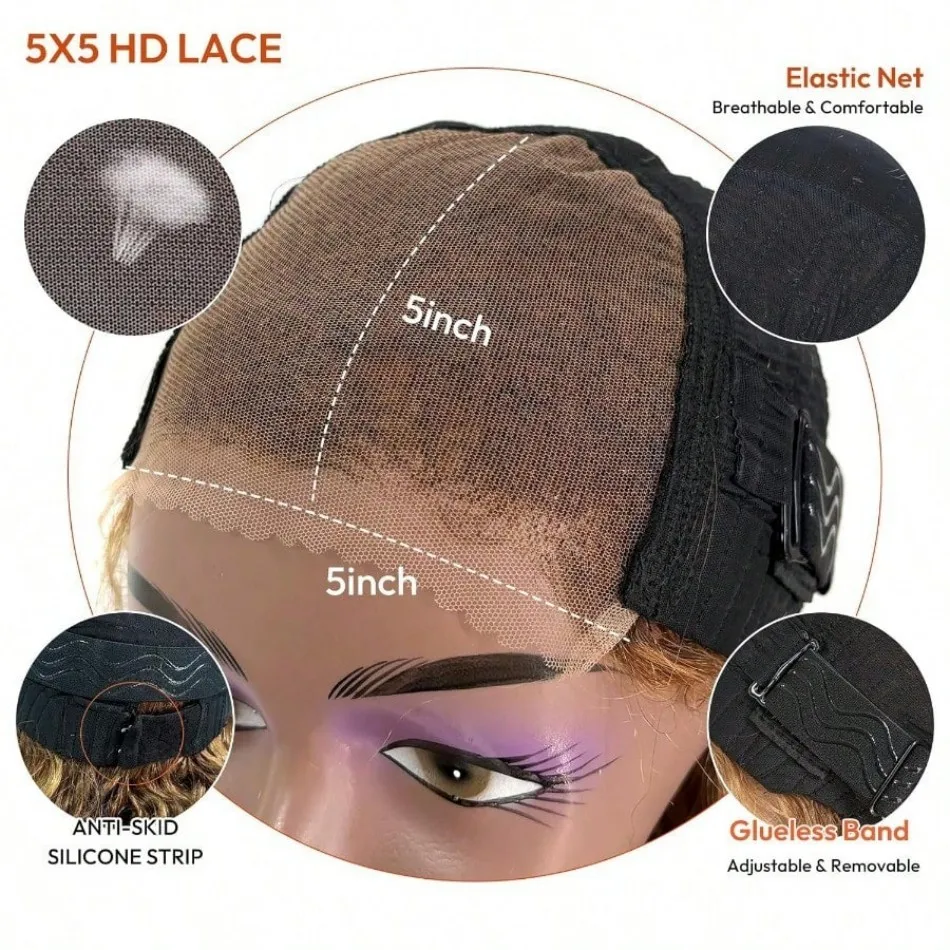 شعر مستعار بوب مجعد شعر بشري 100% شعر مستعار بدون صمغ 5X5 Hd شعر مستعار بإغلاق دانتيل موجة عميقة تسليط الضوء على أومبير شعر مستعار أمامي من الدانتيل بدون غراء