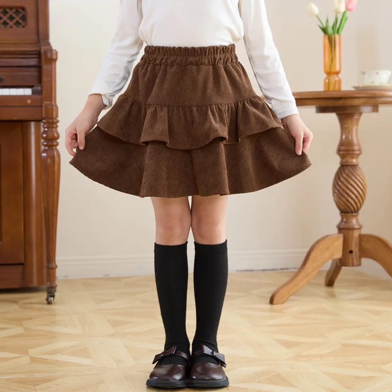 2026 Spring New Kids Corduroy A-Line Skirt Sweet Lace Hem Girls Flared Pleated Short Skirt Cute Ruffled Waist Children Skirt
