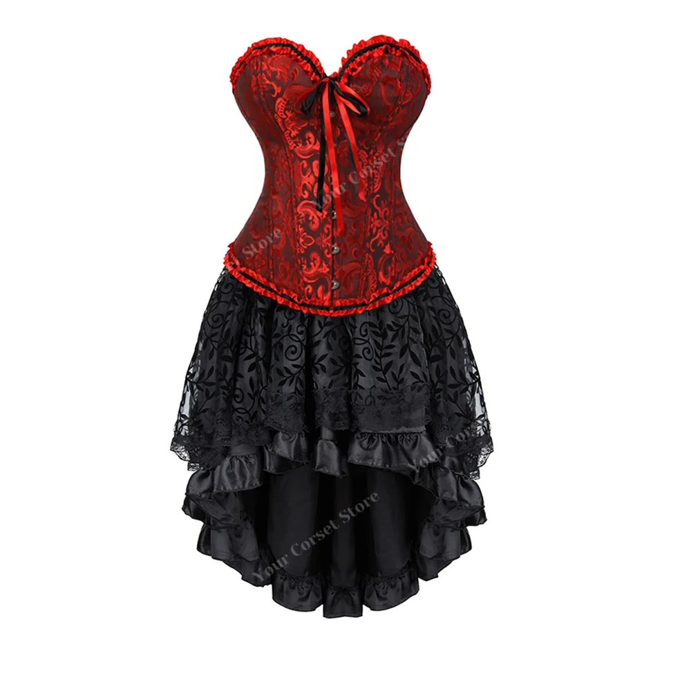 Corset Top with Skirt Overbust Corset Steampunk Burlesque Costume Women Jacquard Strapless Corset with Dress Plus Size