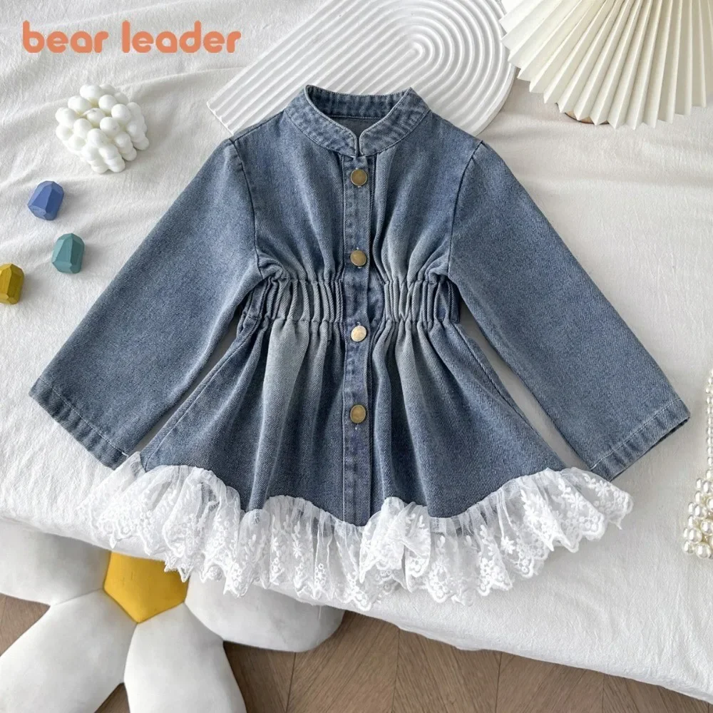 

Bear Leader 2025 Autumn Fashion Street Style Blue Girls Dresses Long Sleeved Patchwork Lace Denim Jacket Kids Fashion Clothes