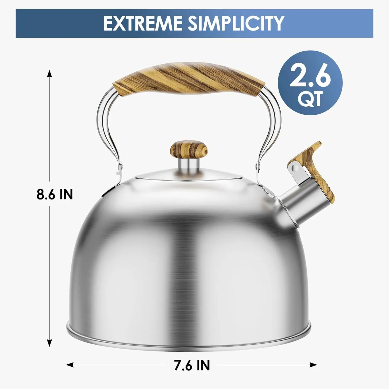 コンロ用ティーケトル、2.6クォートの笛吹きティーケトル、食品グレードのステンレス製ティーポット、木目模様付き
