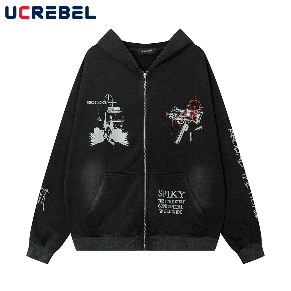 Distressed Double-sided Printed Hoodies Mens High Street Autumn Pocket Loose Long Sleeve Hooded Outerwear Men