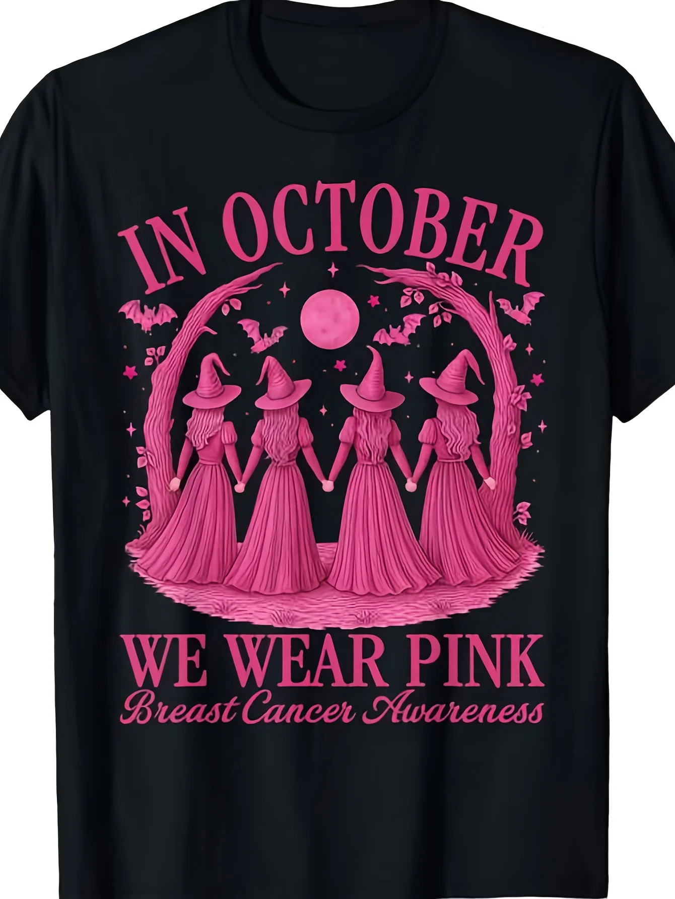 Breast Cancer Awareness & October Events Pink Witch T-Shirt - Unisex Comfortable Tee with Pink Ribbon Design, S-XXXL Sizes (Black) | for Halloween & Cancer Gift, Casual Wear, Machine Washable Short Sleeve Shirt