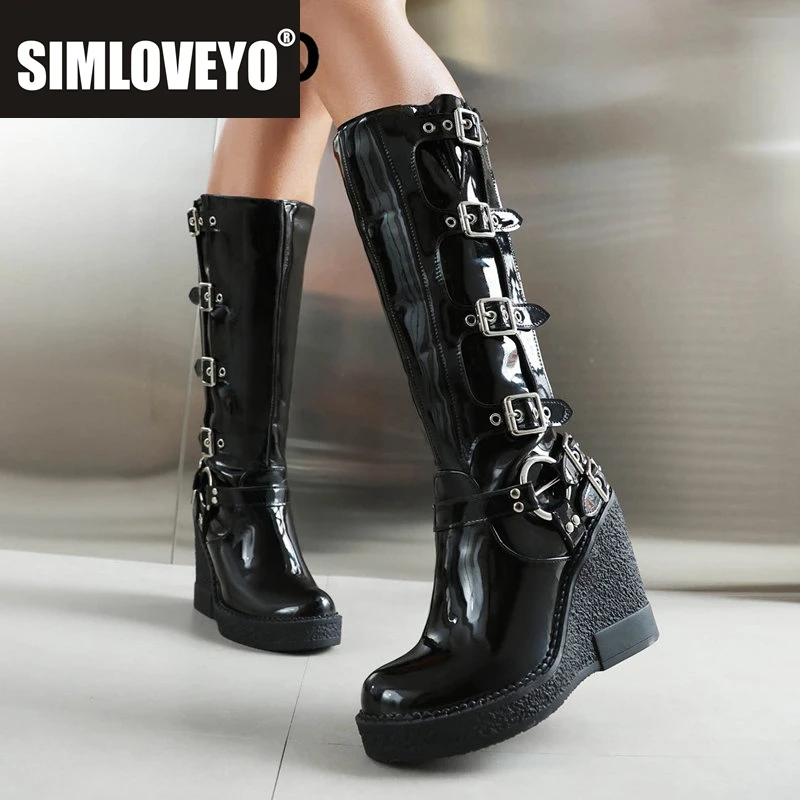 

SIMLOVEYO Брендовые женские ботинки с круглым носком на танкетке 10 см, повседневные повседневные женские ботинки на платформе с пряжками, большой размер 42, 43 44