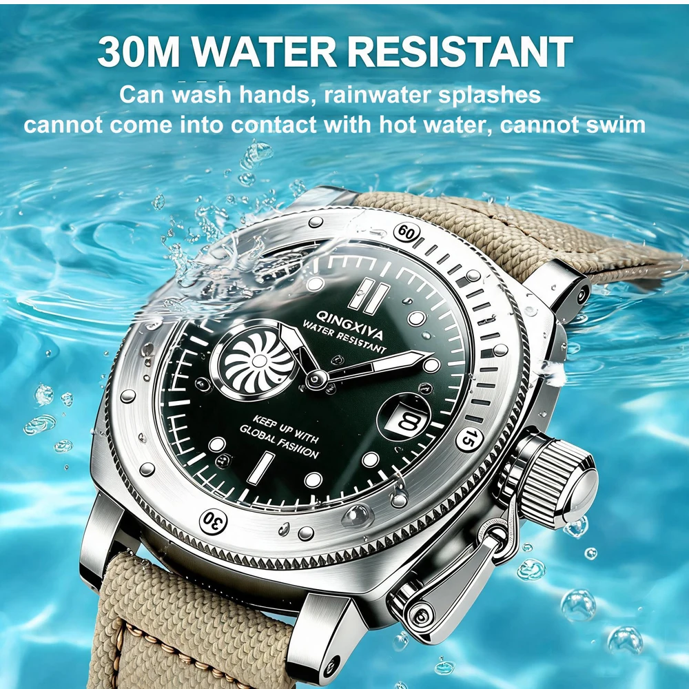 QINGXIYA Brandneue modische Quarzuhr mit zweitem Zifferblatt für Herren, hochwertiges Canvas-Armband, wasserdicht, Kalender, Sportuhren für Herren – Detail 13
