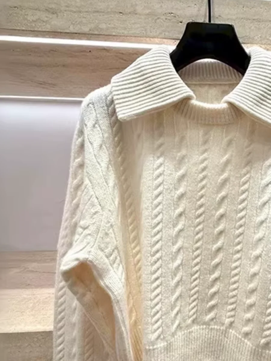 

Twisted Sweater for Women Early Spring 2026 Turn-down Collar Long Sleeve Loose Female Knitted Pullover